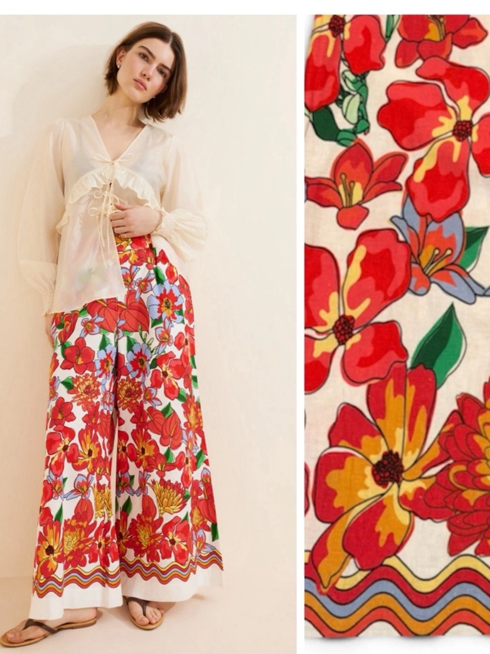Farm Rio x Anthropologie Floral  Linen Blend Wide Leg Pants Women’s M